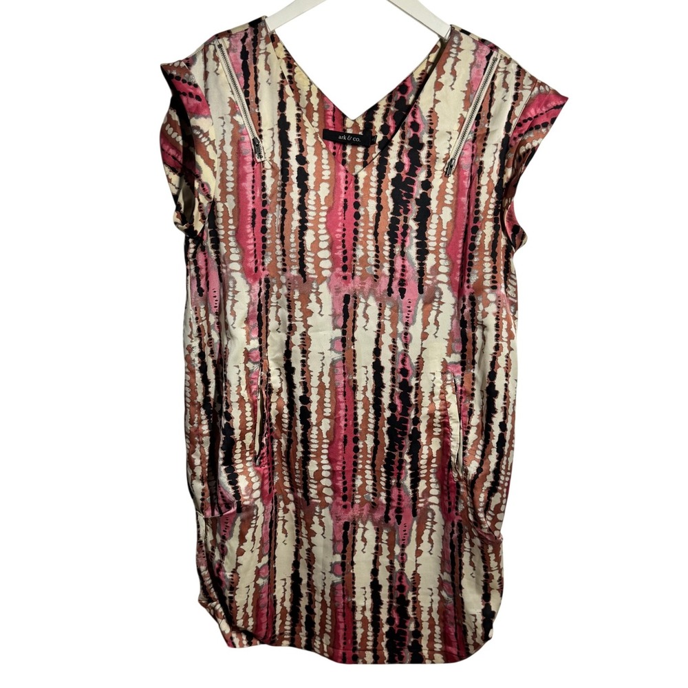 Ark & Co Womens Pink Black Tie Dye Stripe V-Neck Pocket Mini Dress S Boho Y2K